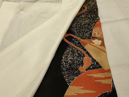 平和屋着物■豪華黒留袖　刺繍　地紙重ね孔雀風景文　金銀糸　金彩　正絹　逸品　AABJ1897sx