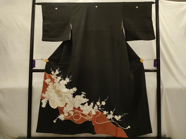 平和屋着物■豪華黒留袖　駒刺繍　花車文　金銀彩　銀糸　正絹　逸品　AABJ1898sx
