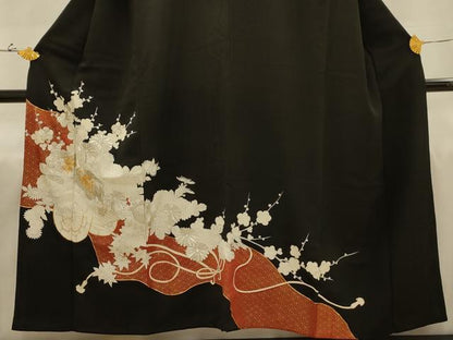 平和屋着物■豪華黒留袖　駒刺繍　花車文　金銀彩　銀糸　正絹　逸品　AABJ1898sx