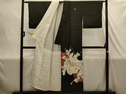 平和屋着物■豪華黒留袖　駒刺繍　花車文　金銀彩　銀糸　正絹　逸品　AABJ1898sx