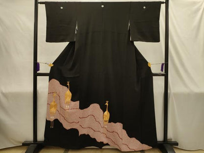 平和屋着物■豪華黒留袖　駒刺繍　絞り　孔雀文　正絹　逸品　AABJ1902sx