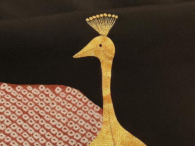 平和屋着物■豪華黒留袖　駒刺繍　絞り　孔雀文　正絹　逸品　AABJ1902sx