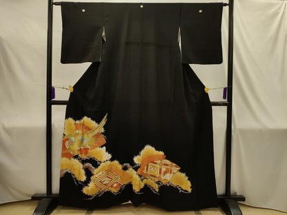 平和屋着物■豪華黒留袖　駒刺繍　地紙重ね花鳥文　金銀糸　金彩　正絹　逸品　AABJ1906sx