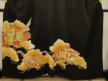 平和屋着物■豪華黒留袖　駒刺繍　地紙重ね花鳥文　金銀糸　金彩　正絹　逸品　AABJ1906sx