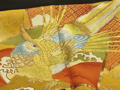 平和屋着物■豪華黒留袖　駒刺繍　地紙重ね花鳥文　金銀糸　金彩　正絹　逸品　AABJ1906sx
