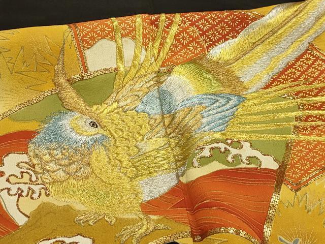 平和屋着物■豪華黒留袖　駒刺繍　地紙重ね花鳥文　金銀糸　金彩　正絹　逸品　AABJ1906sx