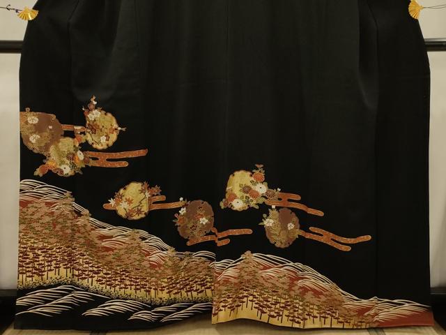 平和屋着物■豪華黒留袖　駒刺繍　雪輪花文　金彩　正絹　逸品　AABJ1909sx