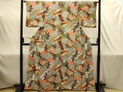 平和屋着物■上質な小紋　色紙重ね花鳥文　金彩　鬼しぼ縮緬　正絹　逸品　AABJ1915sx