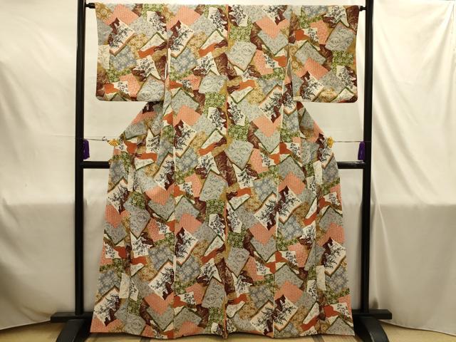 平和屋着物■上質な小紋　色紙重ね花鳥文　金彩　鬼しぼ縮緬　正絹　逸品　AABJ1915sx
