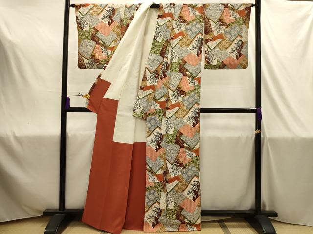 平和屋着物■上質な小紋　色紙重ね花鳥文　金彩　鬼しぼ縮緬　正絹　逸品　AABJ1915sx