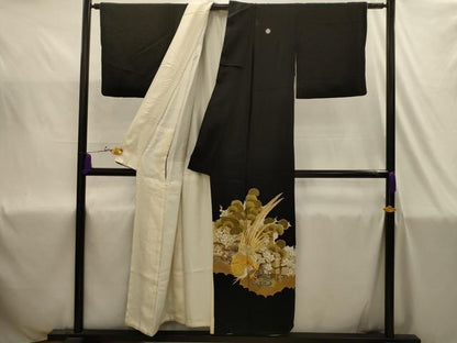 平和屋着物■豪華黒留袖　刺繍　松竹梅流水花鳥文　金銀糸　金銀彩　正絹　逸品　AABJ1916sx