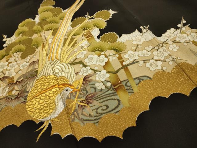 平和屋着物■豪華黒留袖　刺繍　松竹梅流水花鳥文　金銀糸　金銀彩　正絹　逸品　AABJ1916sx