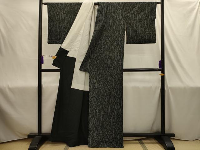 平和屋着物■小紋　幾何学文様　黒地　洗える着物　AABJ1918sx