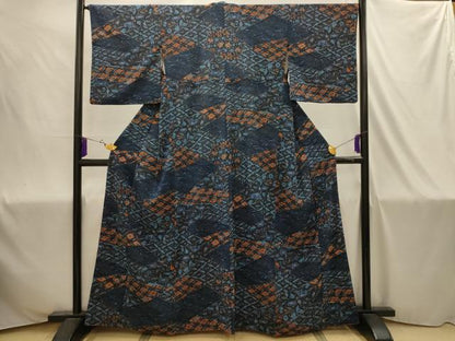 平和屋着物■小紋　立波七宝花文　金彩　鬼しぼ縮緬　洗える着物　AABJ1921sx