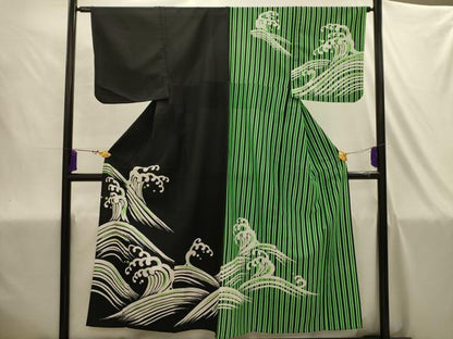 平和屋着物▽訪問着　単衣　立波文　片身替わり　洗える着物　AABJ1923sx