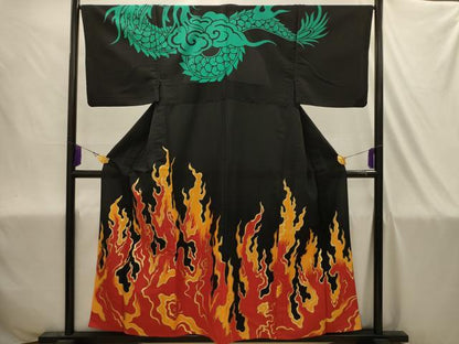 平和屋着物▽訪問着　単衣　龍　炎　黒地　金彩　洗える着物　AABJ1924sx