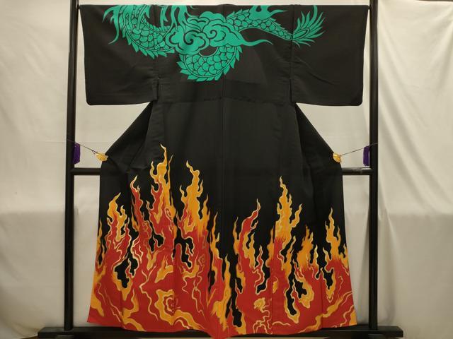 平和屋着物▽訪問着　単衣　龍　炎　黒地　金彩　洗える着物　AABJ1924sx