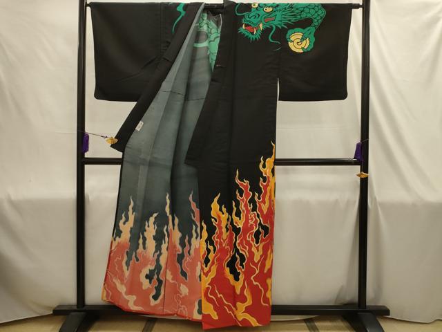 平和屋着物▽訪問着　単衣　龍　炎　黒地　金彩　洗える着物　AABJ1924sx
