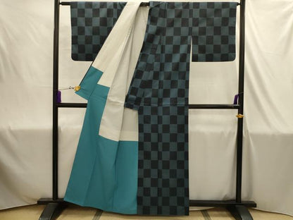 平和屋着物■小紋　市松文様　洗える着物　AABJ1927sx