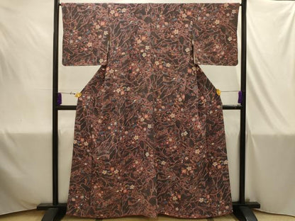 平和屋着物■上質な小紋　枝花文　鬼しぼ縮緬　正絹　逸品　AABJ1943sx