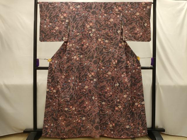 平和屋着物■上質な小紋　枝花文　鬼しぼ縮緬　正絹　逸品　AABJ1943sx
