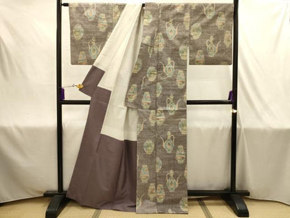 平和屋着物■小千谷紬　陶器文　正絹　逸品　AABJ1979sx