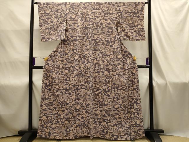 平和屋着物■上質な小紋　風景文　お召ちりめん　正絹　逸品　AABJ1984sx