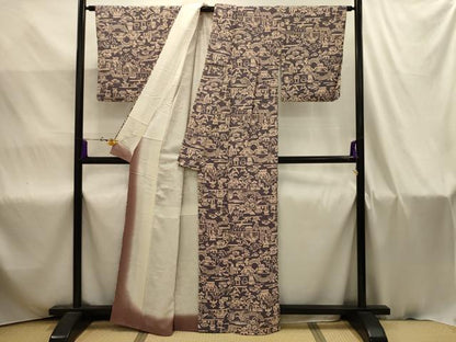 平和屋着物■上質な小紋　風景文　お召ちりめん　正絹　逸品　AABJ1984sx