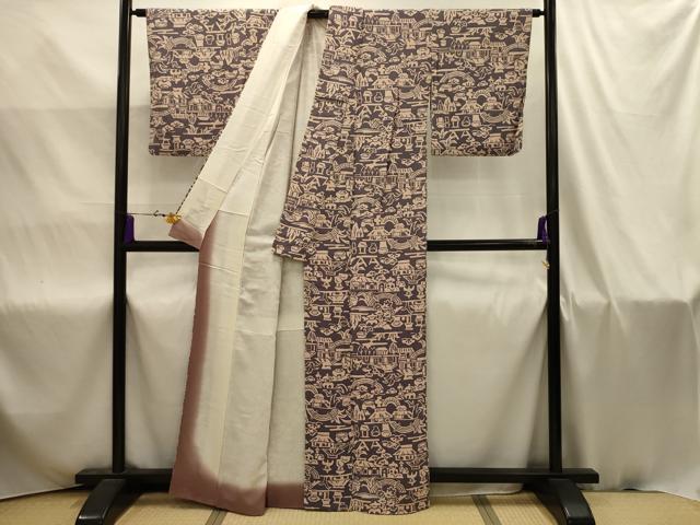 平和屋着物■上質な小紋　風景文　お召ちりめん　正絹　逸品　AABJ1984sx