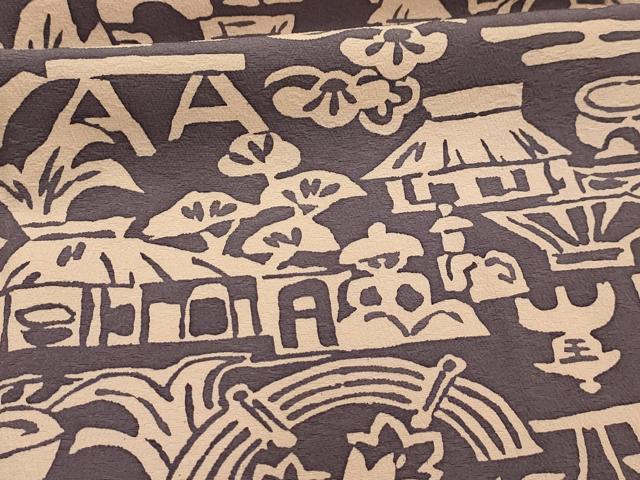 平和屋着物■上質な小紋　風景文　お召ちりめん　正絹　逸品　AABJ1984sx