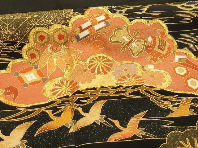 平和屋着物■豪華黒留袖　駒刺繍　松取飛鶴宝尽くし　金彩　正絹　逸品　AABJ2010sx