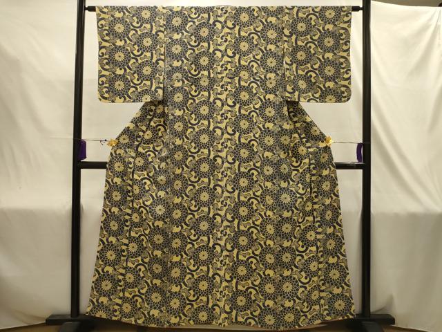 平和屋着物■上質な小紋　型染め　菊唐草文　鬼しぼ縮緬　正絹　逸品　AABJ2028sx