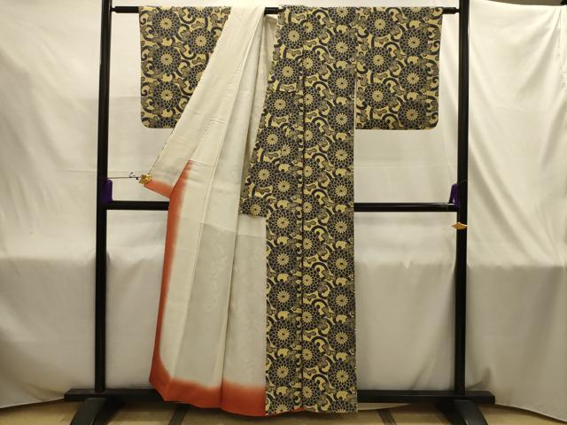 平和屋着物■上質な小紋　型染め　菊唐草文　鬼しぼ縮緬　正絹　逸品　AABJ2028sx