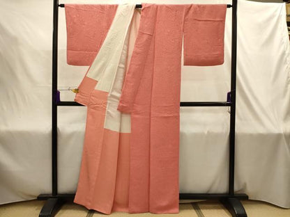 平和屋着物■上質な色無地　絞り　草花地紋　珊瑚朱色　正絹　逸品　AABJ2035sx