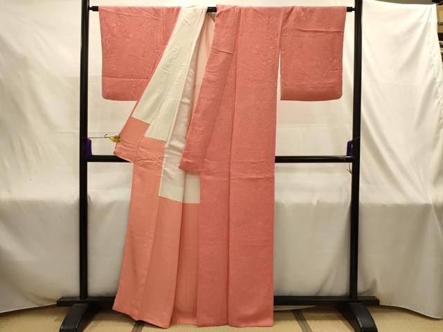 平和屋着物■上質な色無地　絞り　草花地紋　珊瑚朱色　正絹　逸品　AABJ2035sx