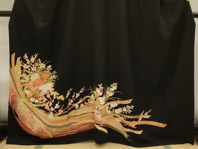平和屋着物■豪華黒留袖　駒刺繍　束ね熨斗花車文　暈し染め　金彩　正絹　逸品　AABJ2057sx
