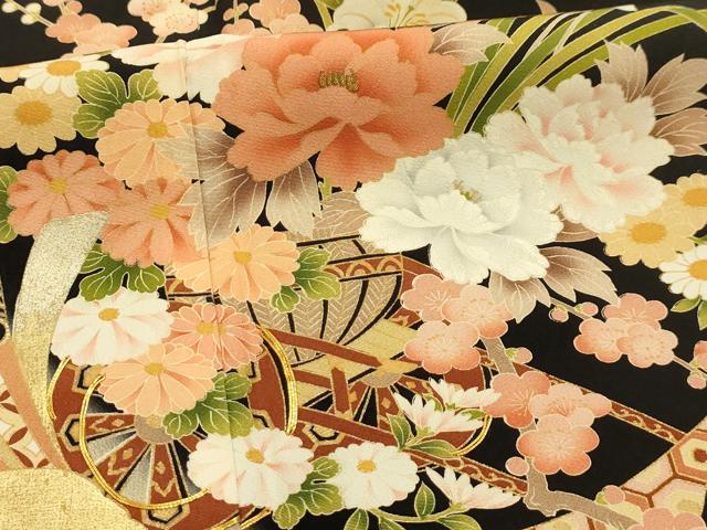 平和屋着物■豪華黒留袖　駒刺繍　束ね熨斗花車文　暈し染め　金彩　正絹　逸品　AABJ2057sx