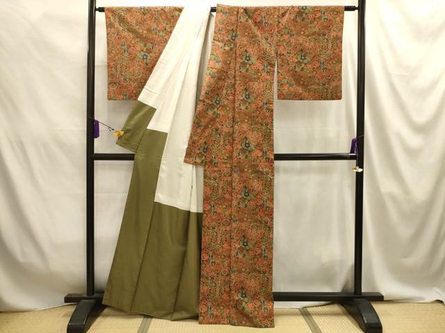 平和屋着物■上質な小紋　紬地　裂取花文　正絹　逸品　AABJ2063sx