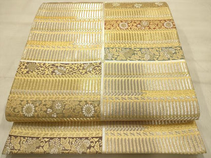 平和屋着物●六通柄袋帯　横段花文　金銀糸　正絹　逸品　AABJ2137sx