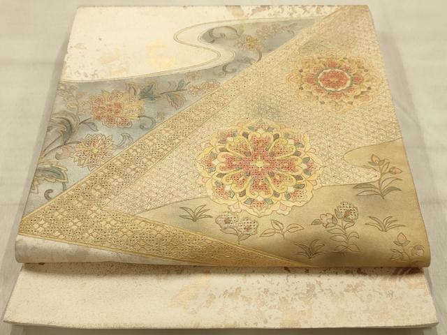 平和屋着物●太鼓柄袋帯　中国三大刺繍　スワトウ刺繍　汕頭刺繍　正倉院更紗花文　引箔　正絹　逸品　AABJ2138sx
