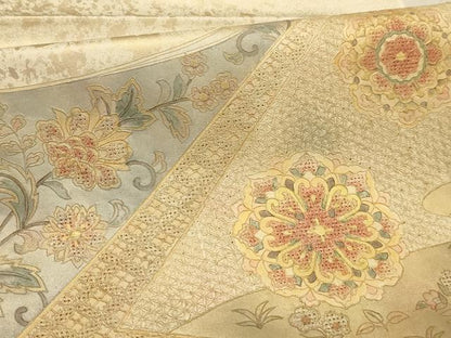 平和屋着物●太鼓柄袋帯　中国三大刺繍　スワトウ刺繍　汕頭刺繍　正倉院更紗花文　引箔　正絹　逸品　AABJ2138sx