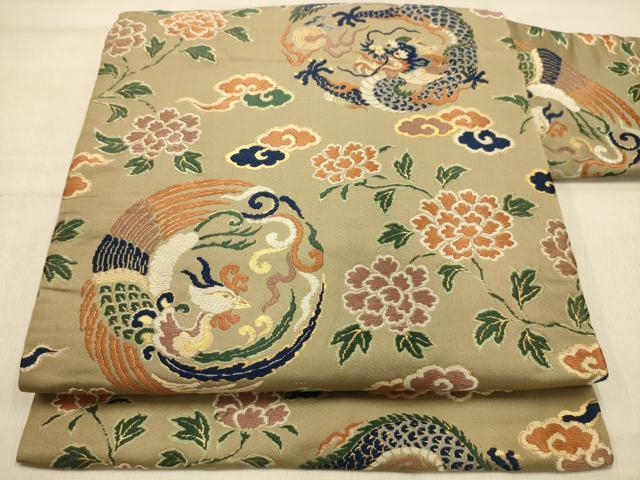 平和屋着物●アンティーク　大正ロマン　九寸名古屋帯　唐織　龍　鳳凰　金糸　正絹　逸品　AABJ2140sx
