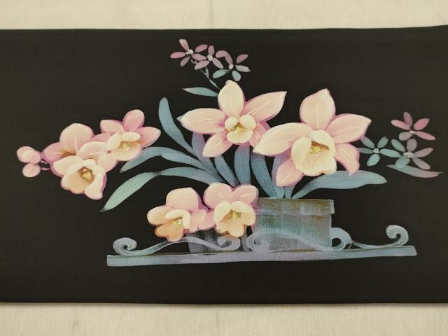 平和屋着物●塩瀬　九寸名古屋帯　ろうけつ染　花車文　黒地　金彩　正絹　逸品　AABJ2141sx