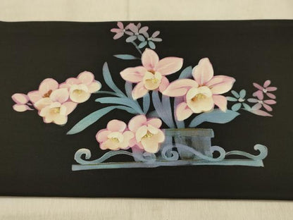 平和屋着物●塩瀬　九寸名古屋帯　ろうけつ染　花車文　黒地　金彩　正絹　逸品　AABJ2141sx