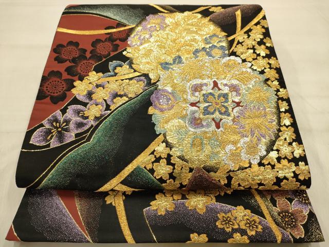 平和屋着物●六通柄袋帯　宝相華　黒地　金銀糸　正絹　逸品　AABJ2144sx