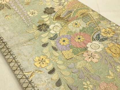 平和屋着物●六通柄袋帯　地紙重ね松花文　金糸　やまと誂製　正絹　逸品　AABJ2147sx