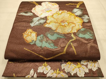 平和屋着物●六通柄袋帯　枝花文　金銀糸　正絹　逸品　AABJ2153sx