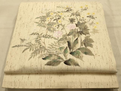 平和屋着物●九寸開き名古屋帯　作家物　手描き　草花　ぜんまい紬　鈴乃屋扱い　正絹　逸品　AABJ2155sx