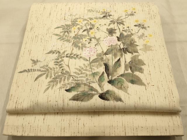 平和屋着物●九寸開き名古屋帯　作家物　手描き　草花　ぜんまい紬　鈴乃屋扱い　正絹　逸品　AABJ2155sx