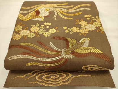 平和屋着物●西陣　岡慶謹製　六通柄袋帯　唐織　桜に極楽鳥　正絹　逸品　AABJ2166sx